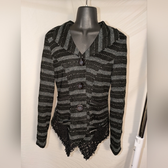 SOLD. Young Essence Black & Gray Striped Cardigan - Picture 2 of 5